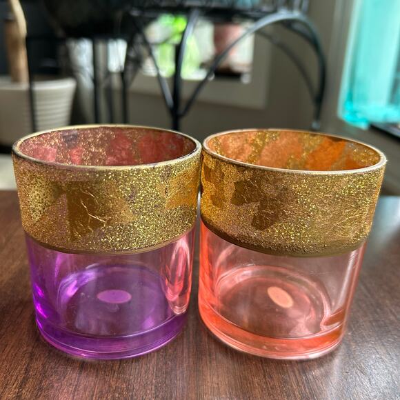 Set of 4 Colored Glass Boho Votive Holders  w/ Gold Foil Band elements - Picture 3 of 11